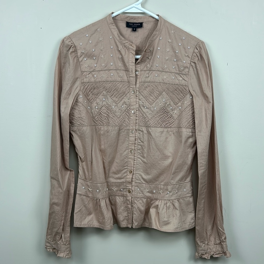 Ted baker small embroidered and embellished button up blouse